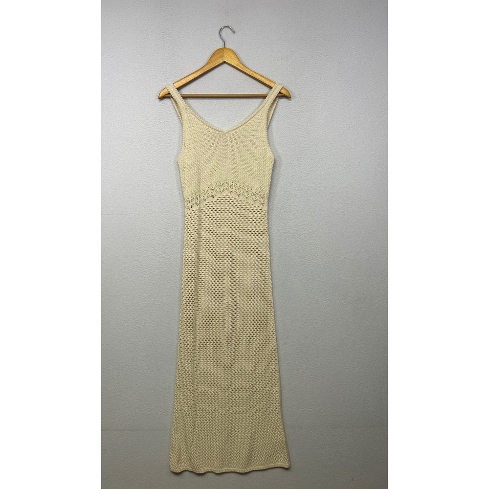 Boho Coastal Old Navy Womens XS Cream Crochet Pointelle Knit Maxi Tank Dress